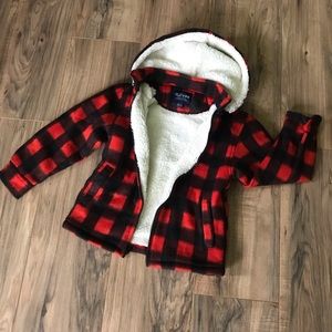 Red Black plaid boys winter coat jacket w/ hood